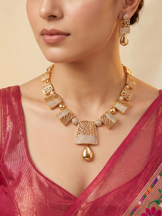 Zaha Geometric CZ Necklace Set - High-Shine Yellow Gold - image 1