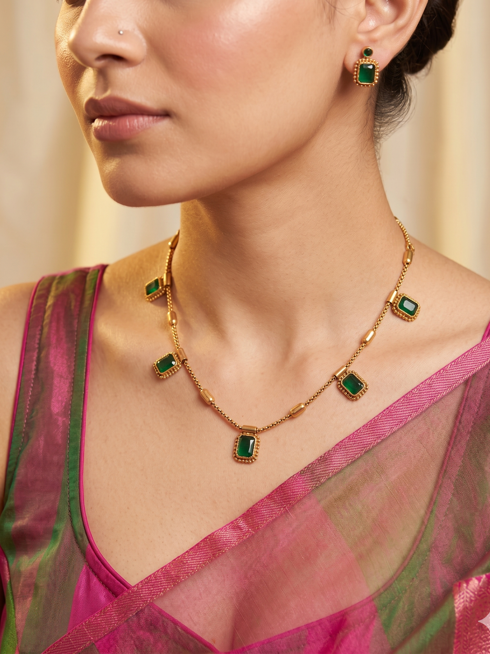 Uri Delicate Gemstone Necklace Set - GREEN - image 1