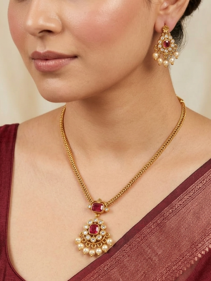 Emerald Nakshatra CZ Short Necklace Set - Ruby Red - image 1