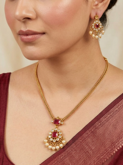 Emerald Nakshatra CZ Short Necklace Set - Ruby Red - image 1