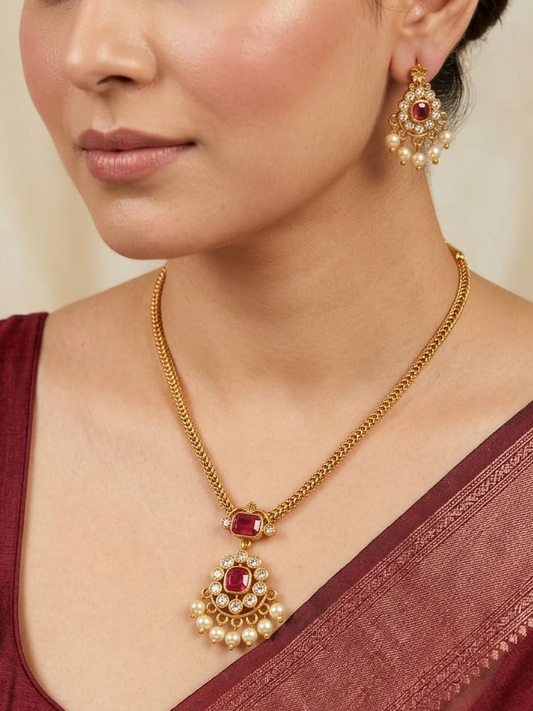 Emerald Nakshatra CZ Short Necklace Set - Ruby Red - image 1