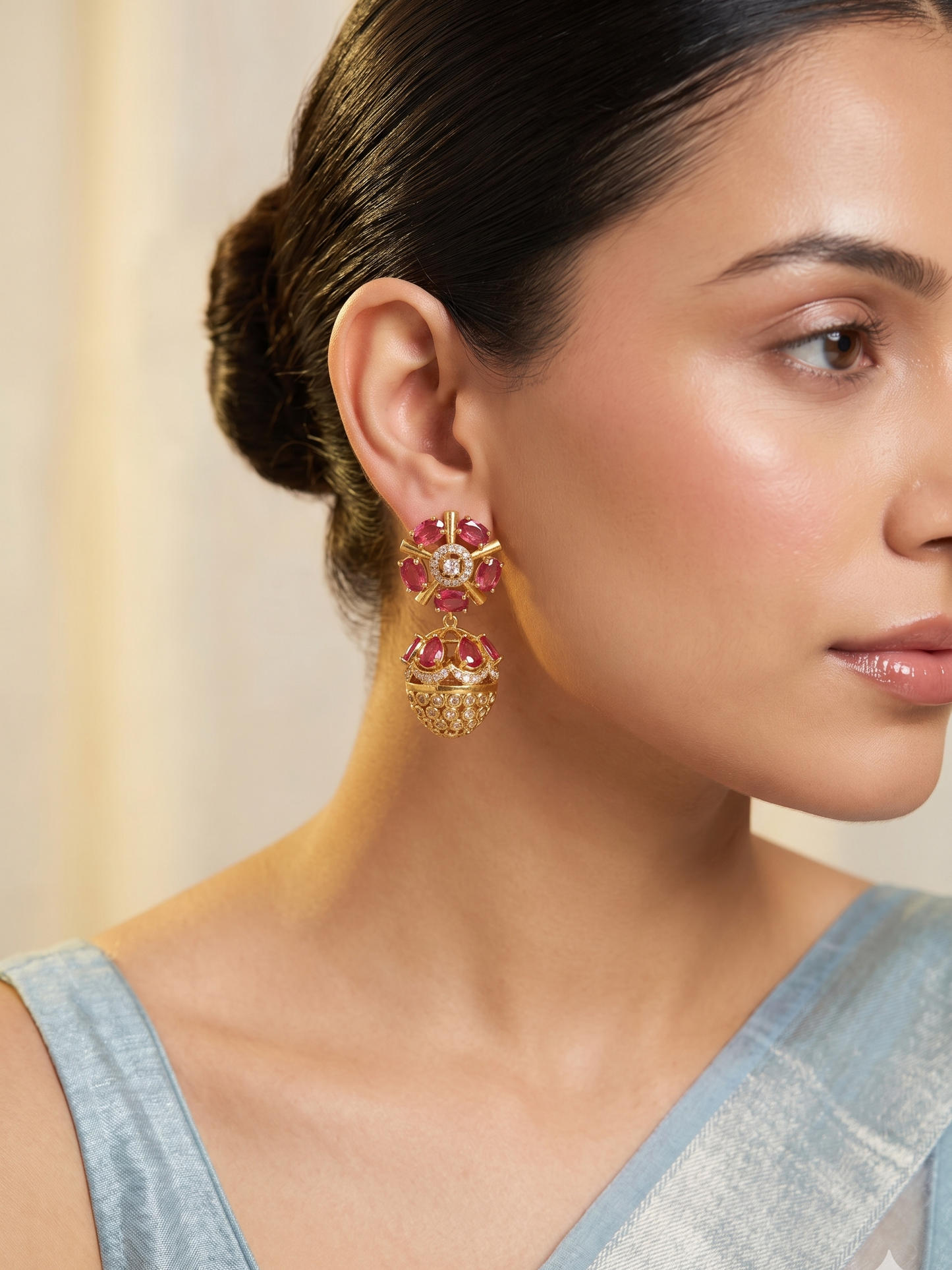 Anoush Nakshatra CZ Jhumka Earrings - RED - image 1