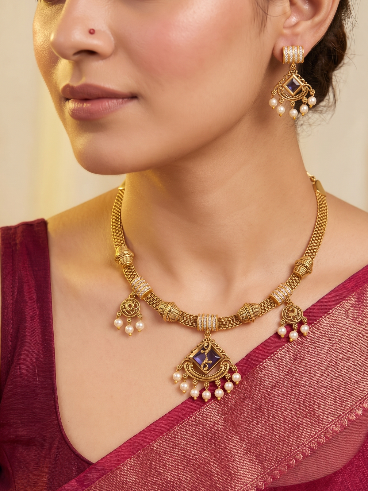 Ruhi Antique CZ Pearl Choker Set - PURPLE - image 1