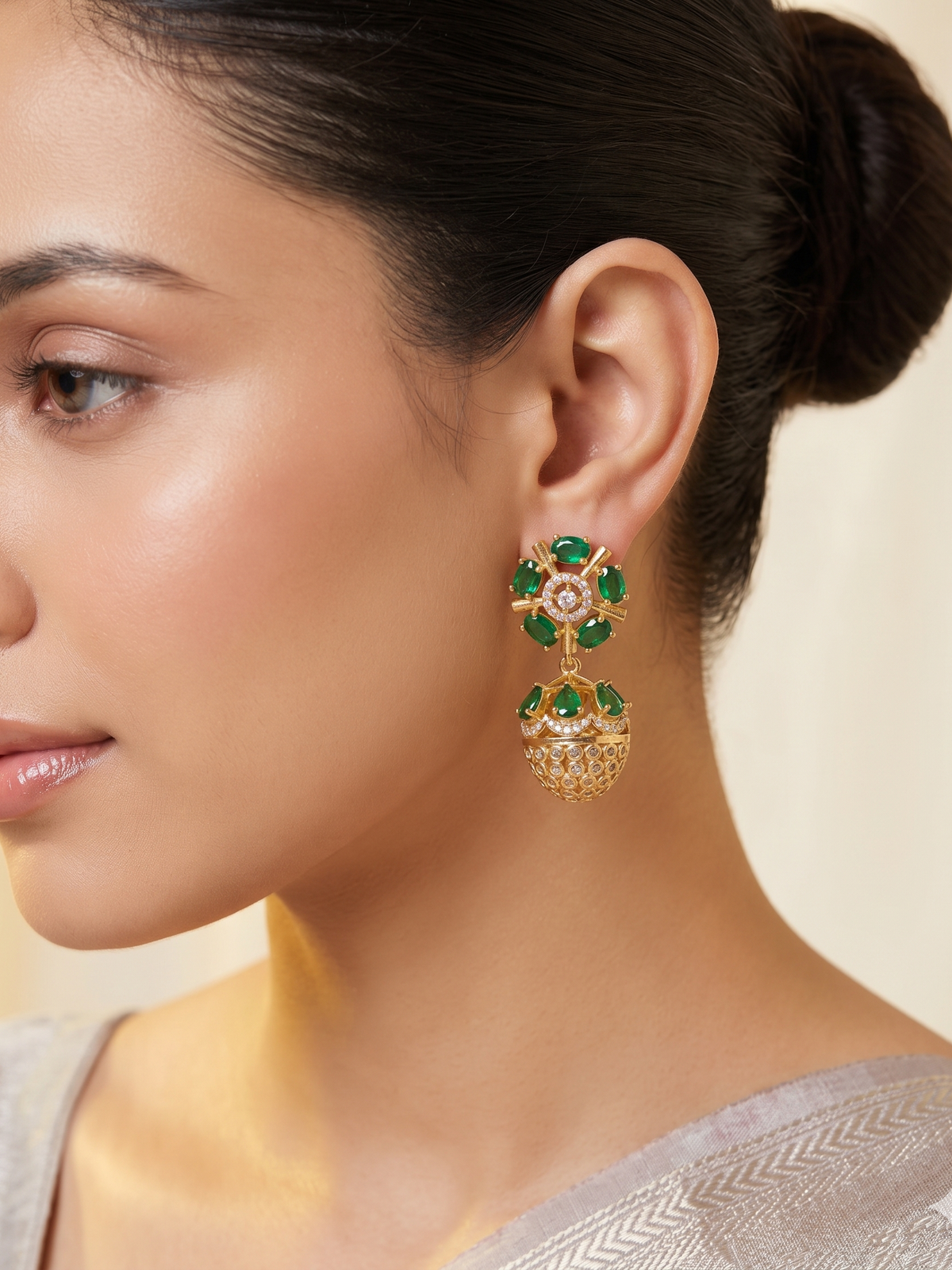 Anoush Nakshatra CZ Jhumka Earrings - GREEN - image 1