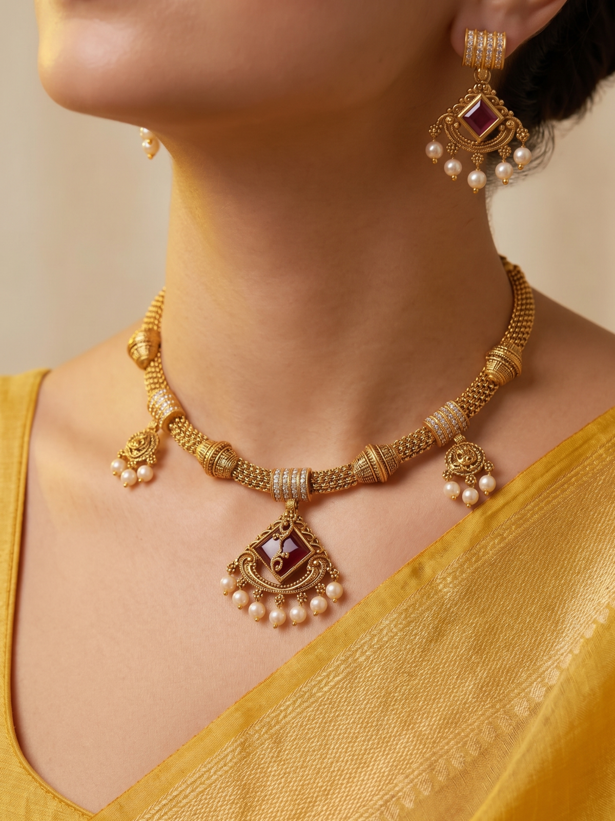 Ruhi Antique CZ Pearl Choker Set - Ruby Red - image 1