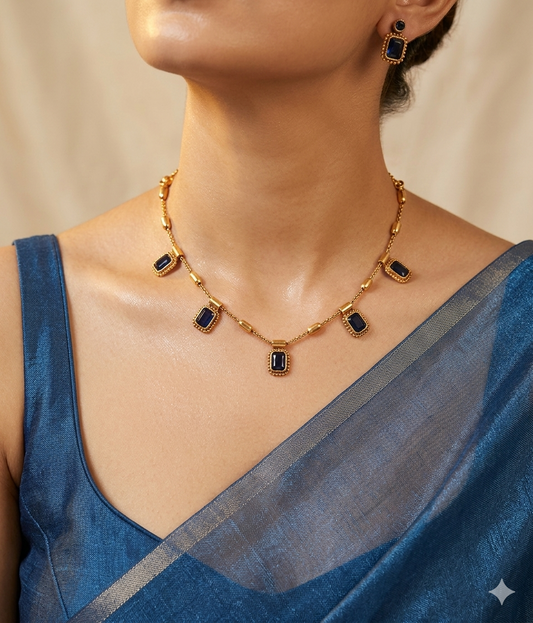 Elegant Deep Blue Stone Choker Set - Navy Blue - image 1