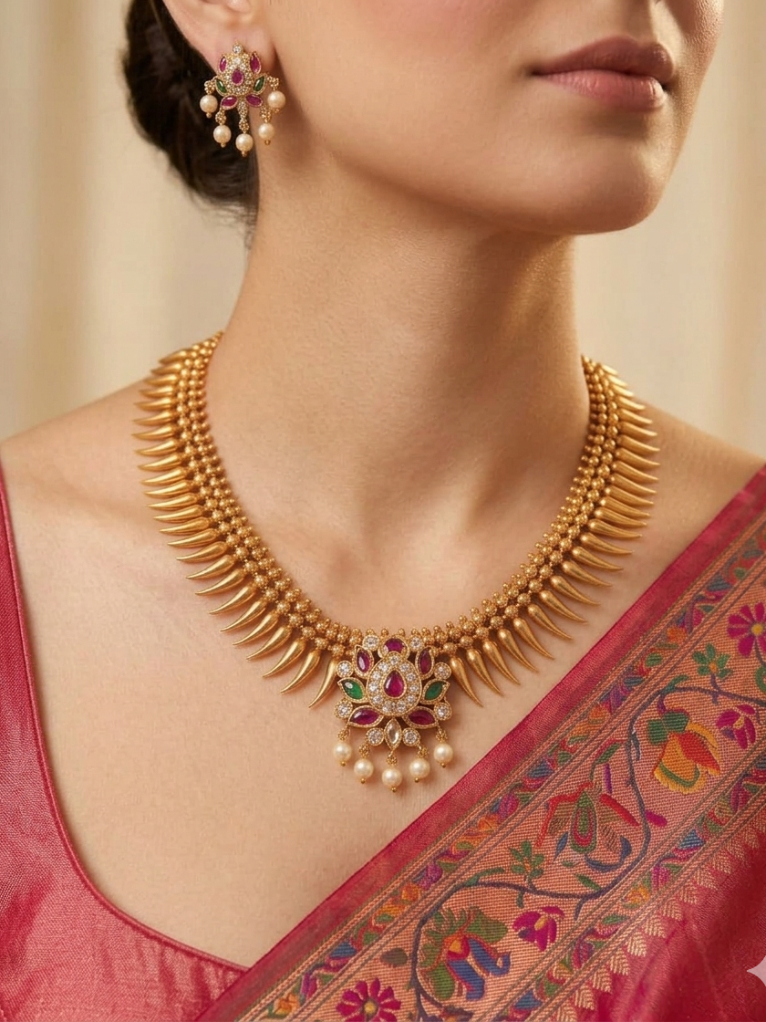 Mayuri Delicate Floral Kemp Necklace - Ruby Red & Emerald Green - image 1