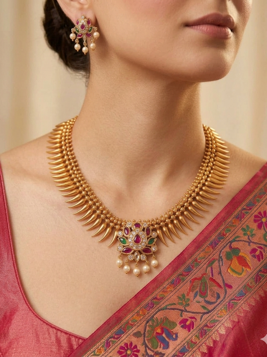 Mayuri Delicate Floral Kemp Necklace - Ruby Red & Emerald Green - image 1
