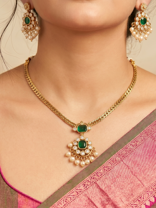 Emerald Nakshatra CZ Short Necklace Set - GREEN - image 1