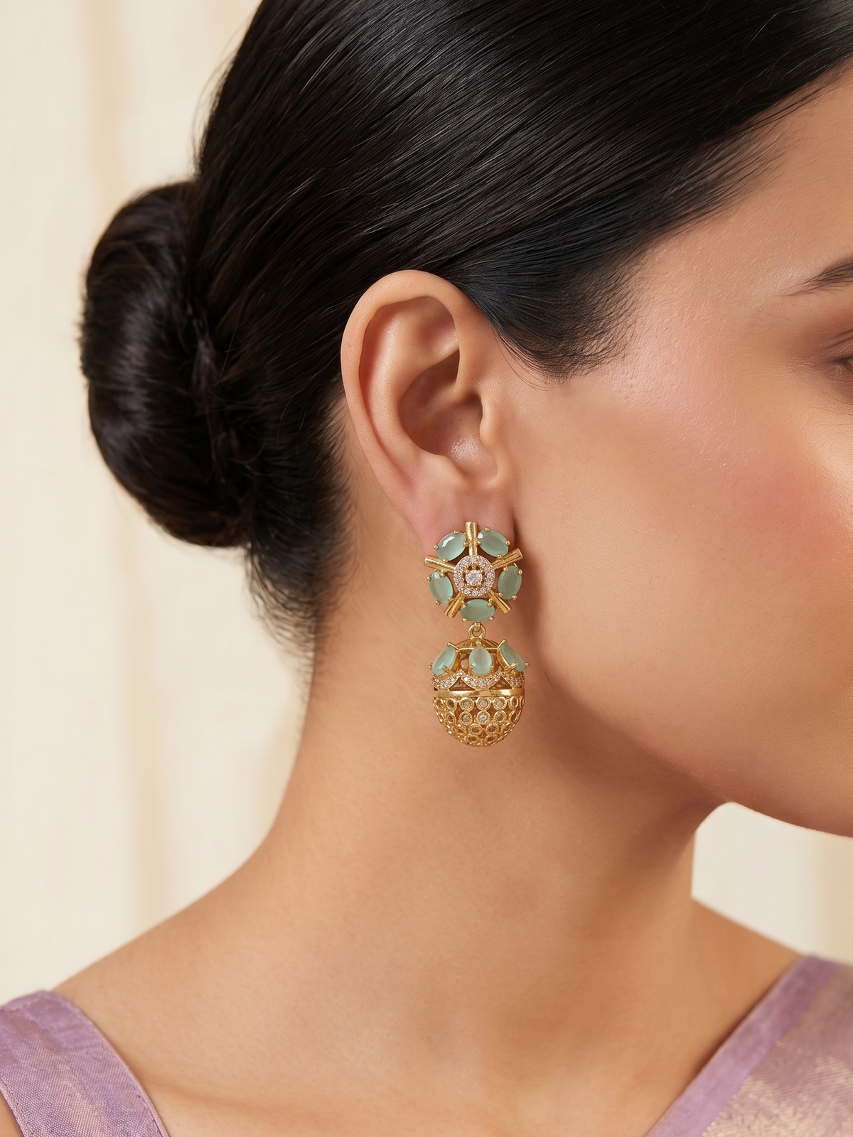 Anoush Nakshatra CZ Jhumka Earrings - Mint Green / Pastel Sage Green - image 1