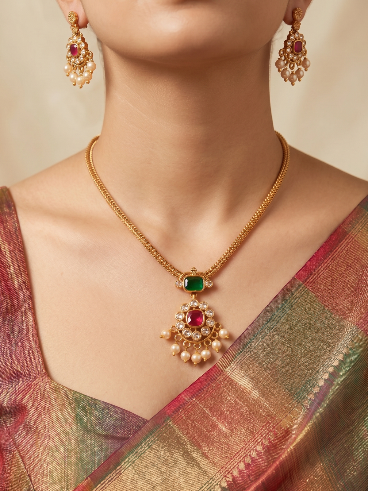 Emerald Nakshatra CZ Short Necklace Set - image 1