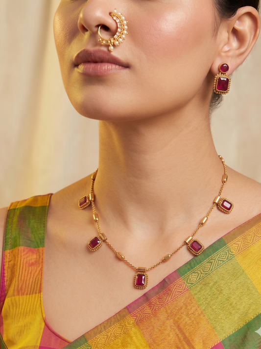 Uri Delicate Gemstone Necklace Set - RUBY - image 1