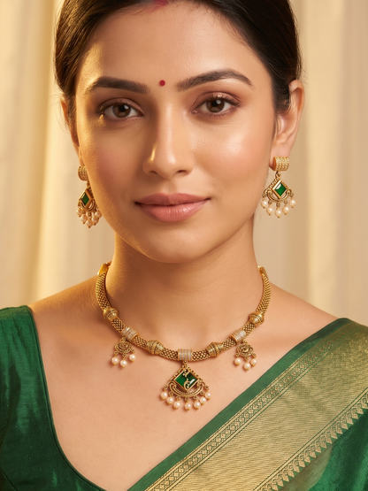 Ruhi Antique CZ Pearl Choker Set - Emerald Green - image 1
