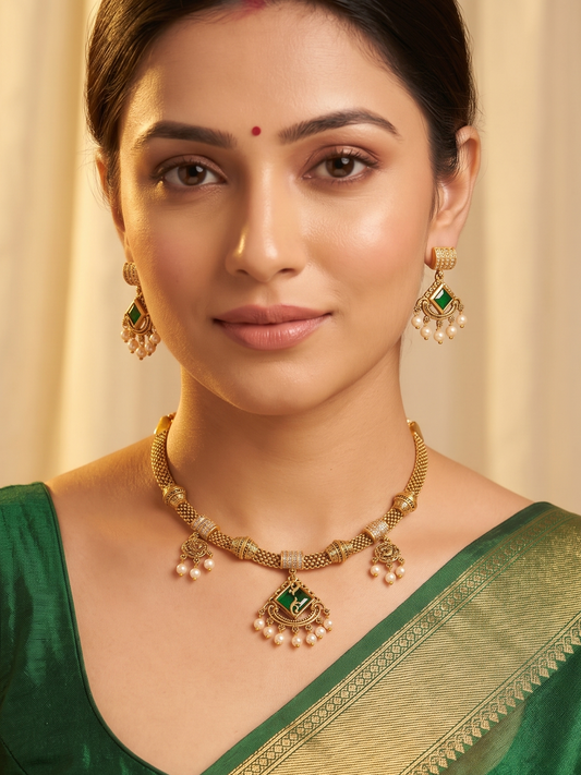 Ruhi Antique CZ Pearl Choker Set - Emerald Green - image 1