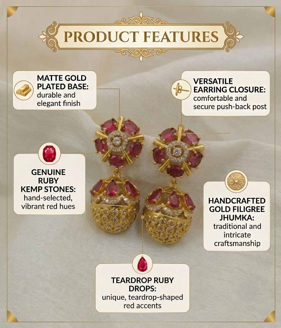 Anoush Nakshatra CZ Jhumka Earrings - RED - image 6