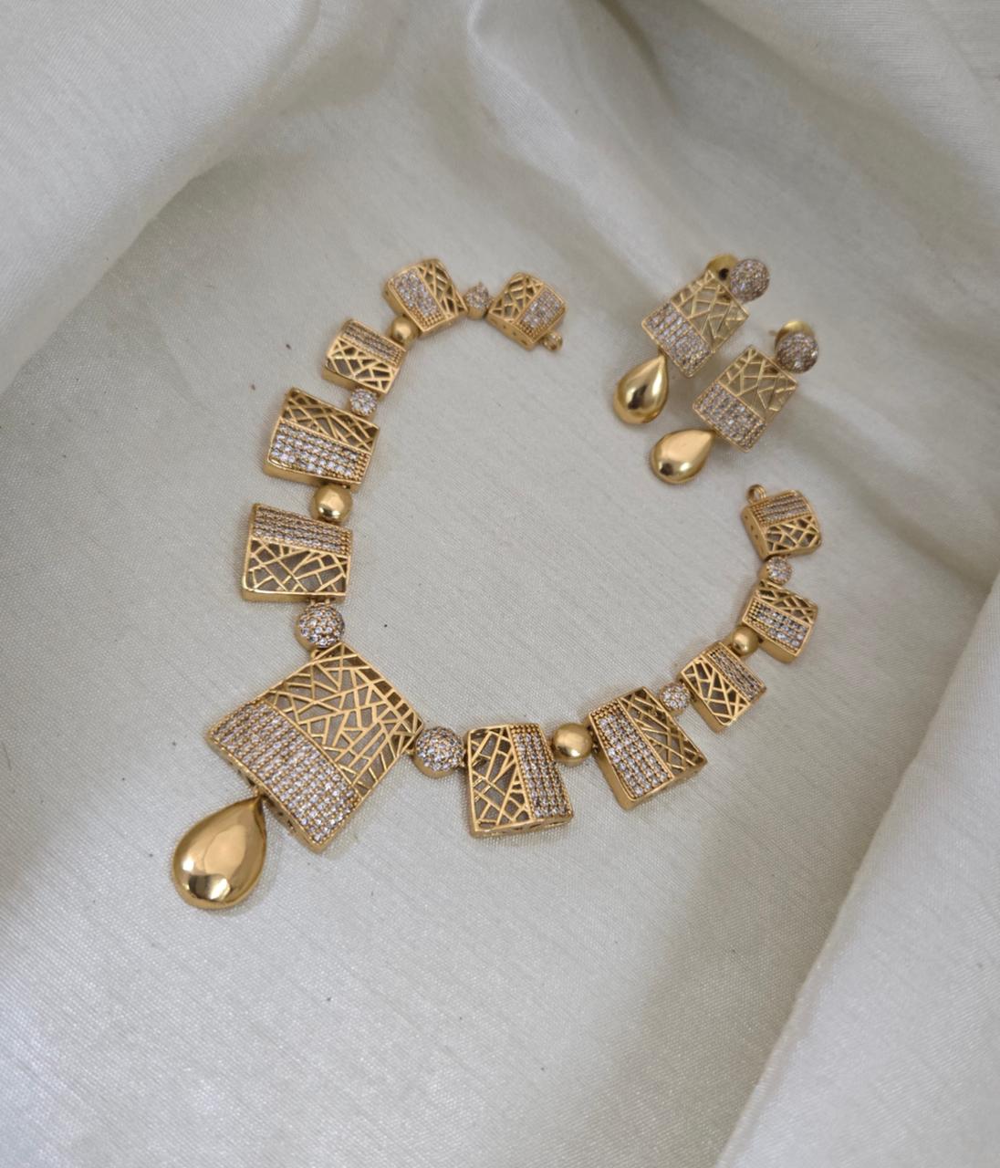 Zaha Geometric CZ Necklace Set - High-Shine Yellow Gold - image 2