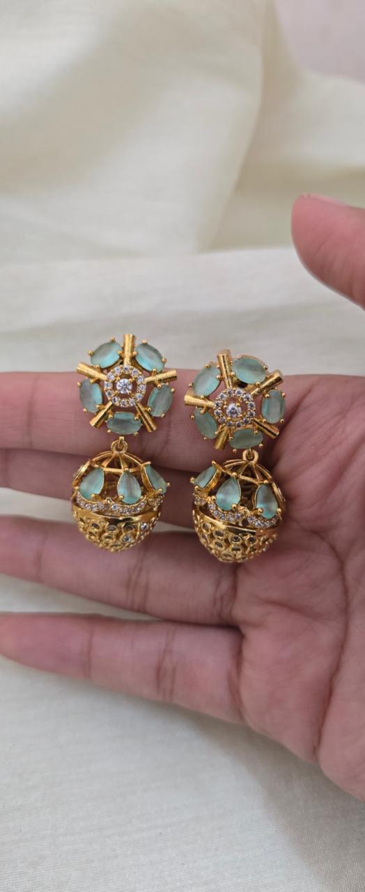 Anoush Nakshatra CZ Jhumka Earrings - Mint Green / Pastel Sage Green - image 4
