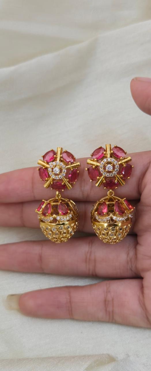 Anoush Nakshatra CZ Jhumka Earrings - RED - image 4