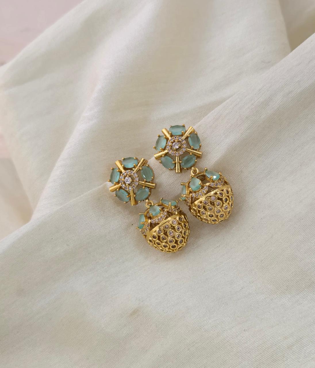 Anoush Nakshatra CZ Jhumka Earrings - Mint Green / Pastel Sage Green - image 5