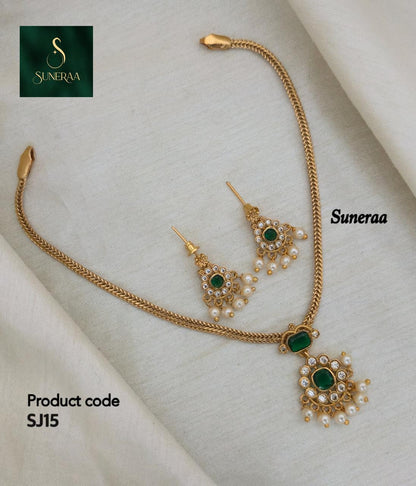 Emerald Nakshatra CZ Short Necklace Set - GREEN - image 8