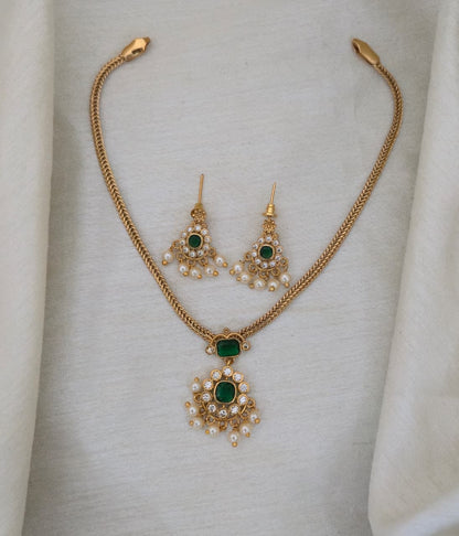 Emerald Nakshatra CZ Short Necklace Set - GREEN - image 2