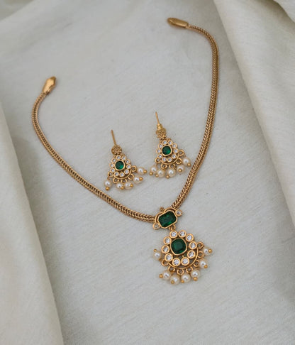 Emerald Nakshatra CZ Short Necklace Set - GREEN - image 4