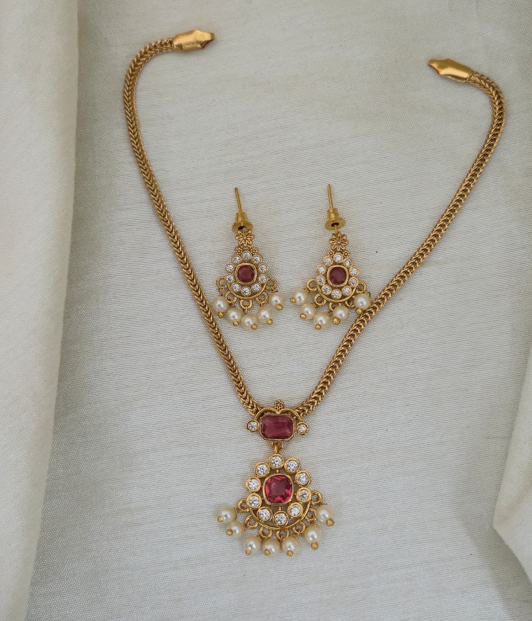 Emerald Nakshatra CZ Short Necklace Set - Ruby Red - image 2