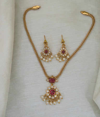 Emerald Nakshatra CZ Short Necklace Set - Ruby Red - image 2