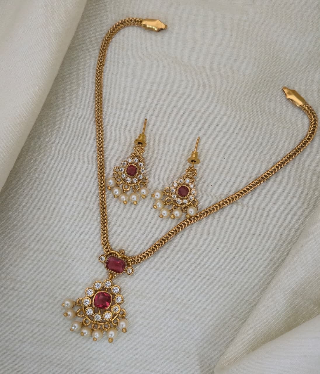 Emerald Nakshatra CZ Short Necklace Set - Ruby Red - image 4