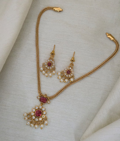 Emerald Nakshatra CZ Short Necklace Set - Ruby Red - image 4