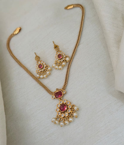 Emerald Nakshatra CZ Short Necklace Set - Ruby Red - image 3