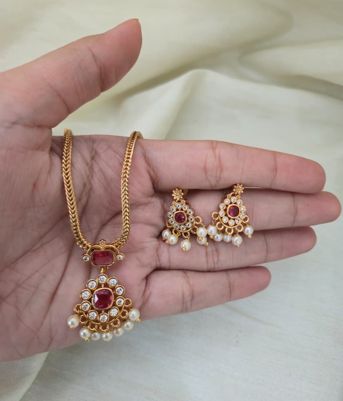 Emerald Nakshatra CZ Short Necklace Set - Ruby Red - image 5