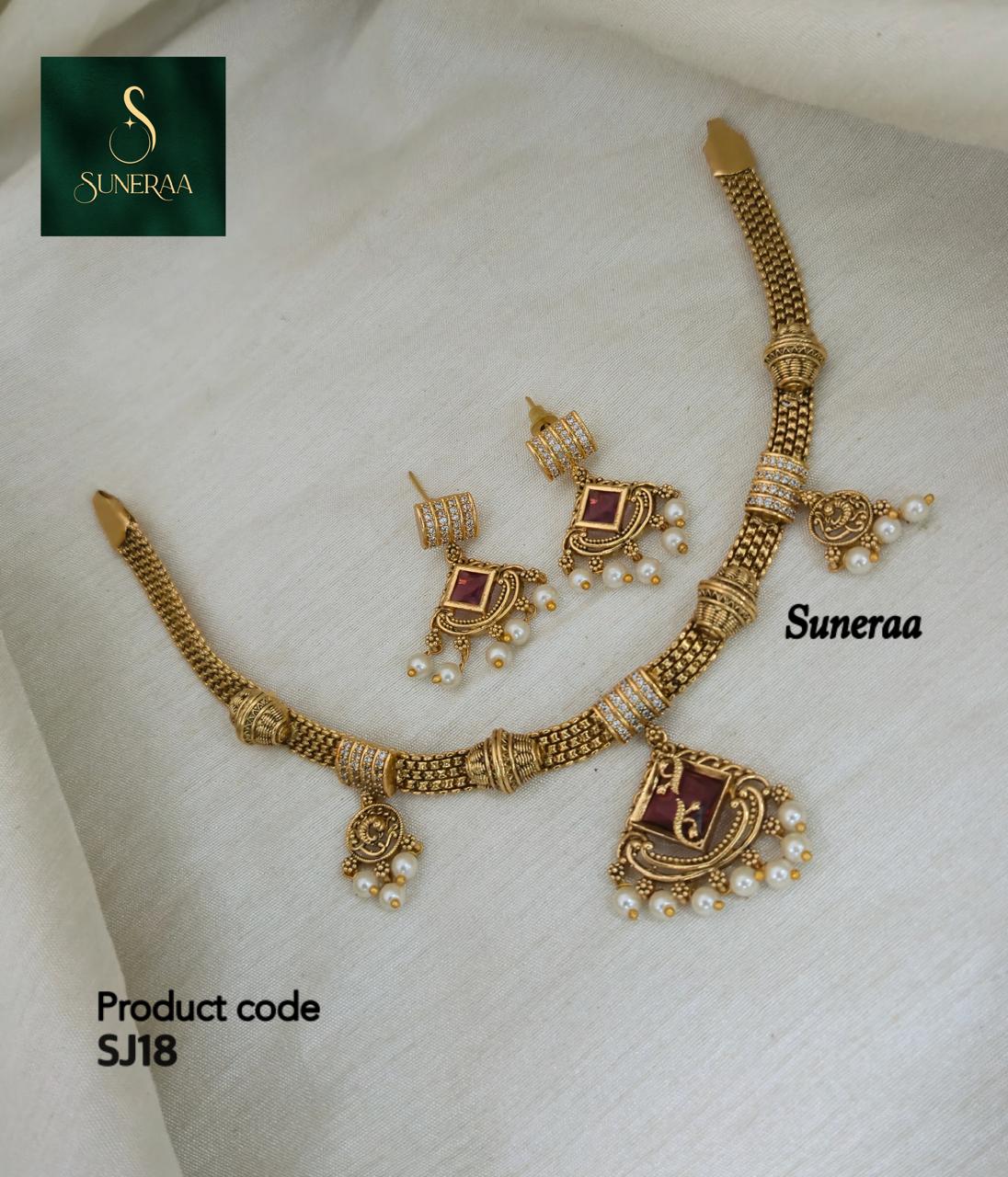 Ruhi Antique CZ Pearl Choker Set - Ruby Red - image 7