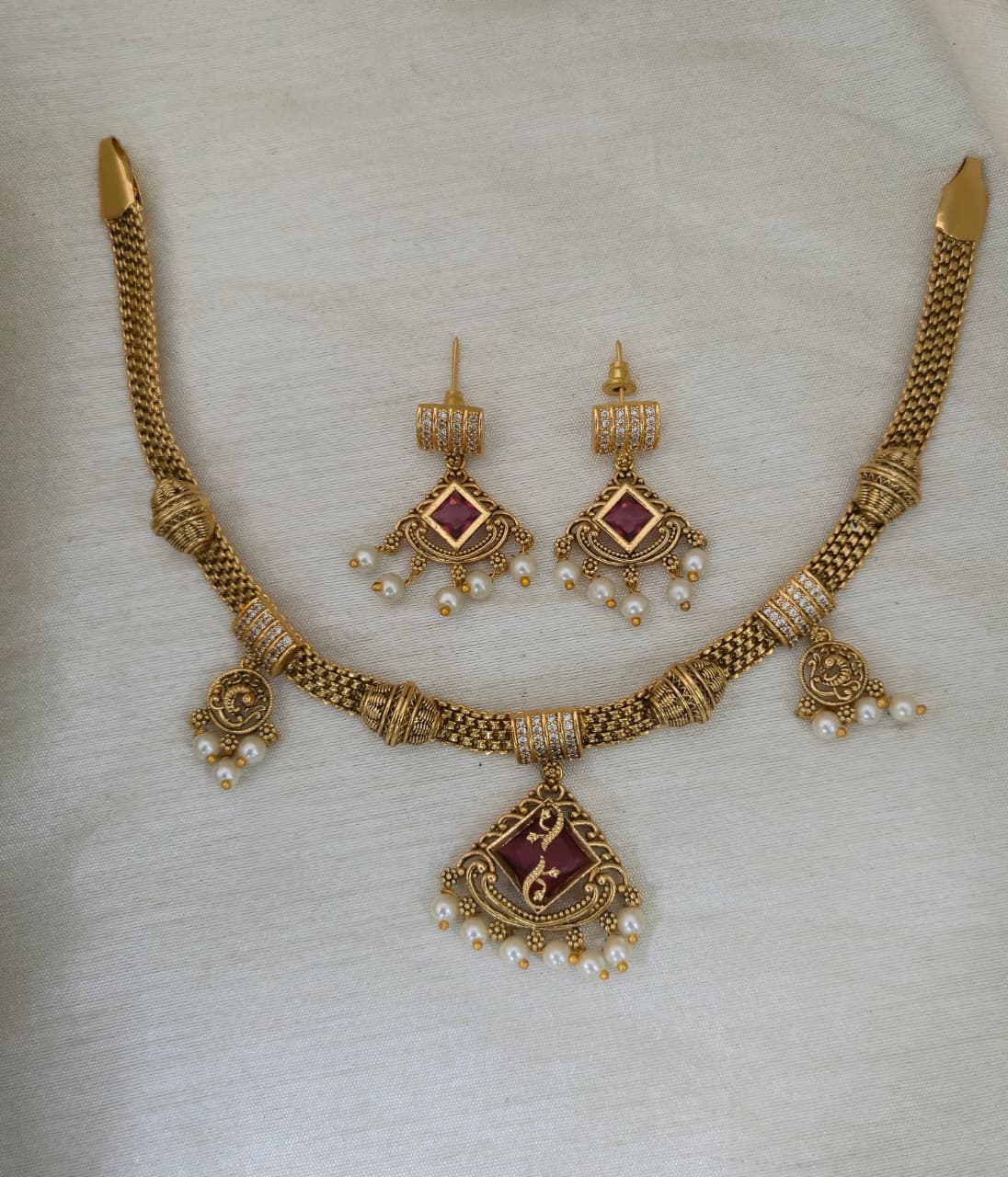 Ruhi Antique CZ Pearl Choker Set - Ruby Red - image 2