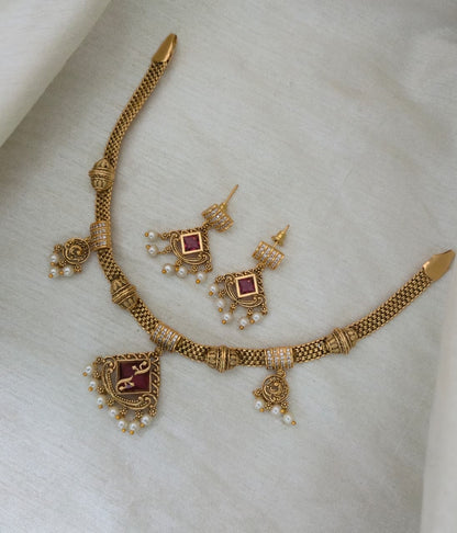 Ruhi Antique CZ Pearl Choker Set - Ruby Red - image 3