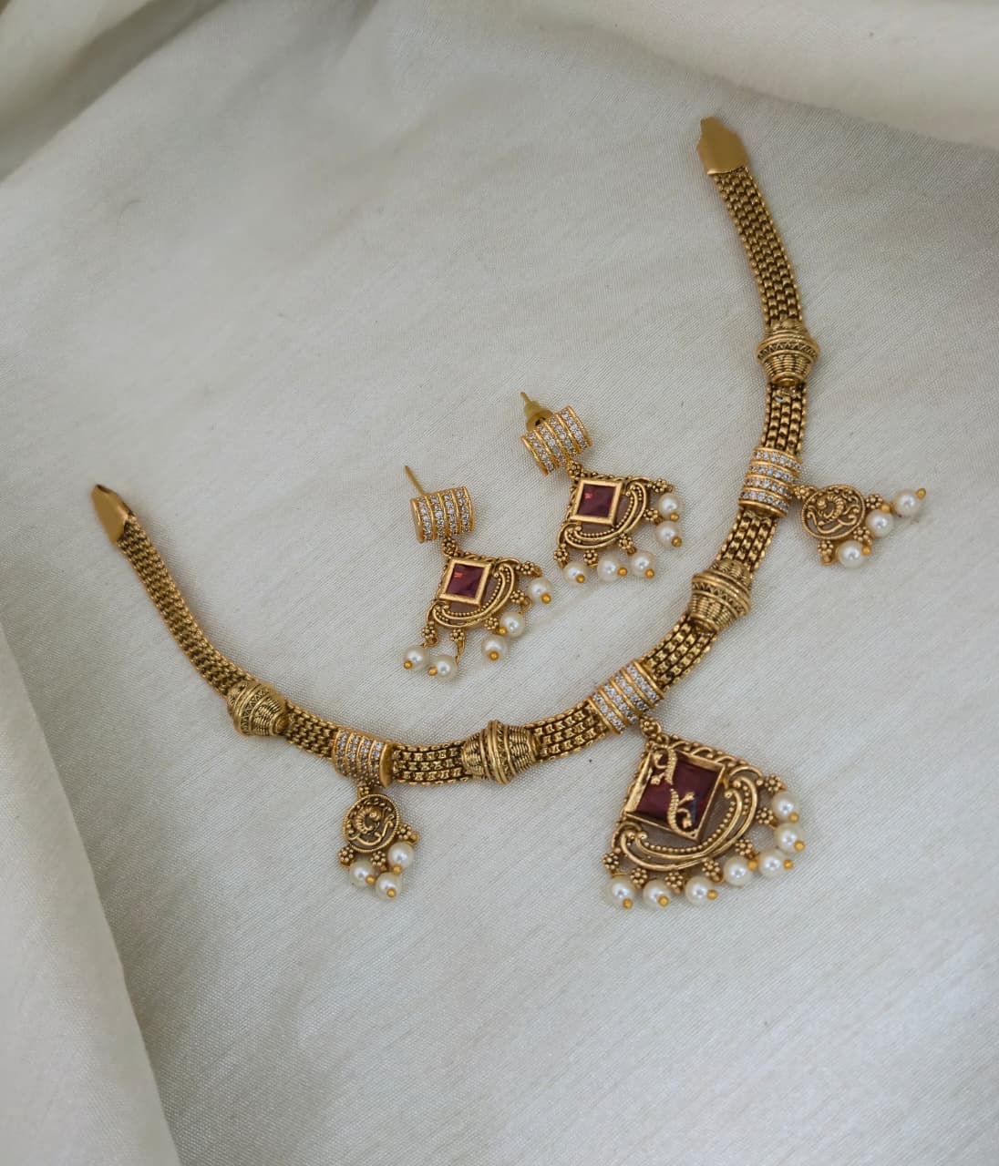Ruhi Antique CZ Pearl Choker Set - Ruby Red - image 4