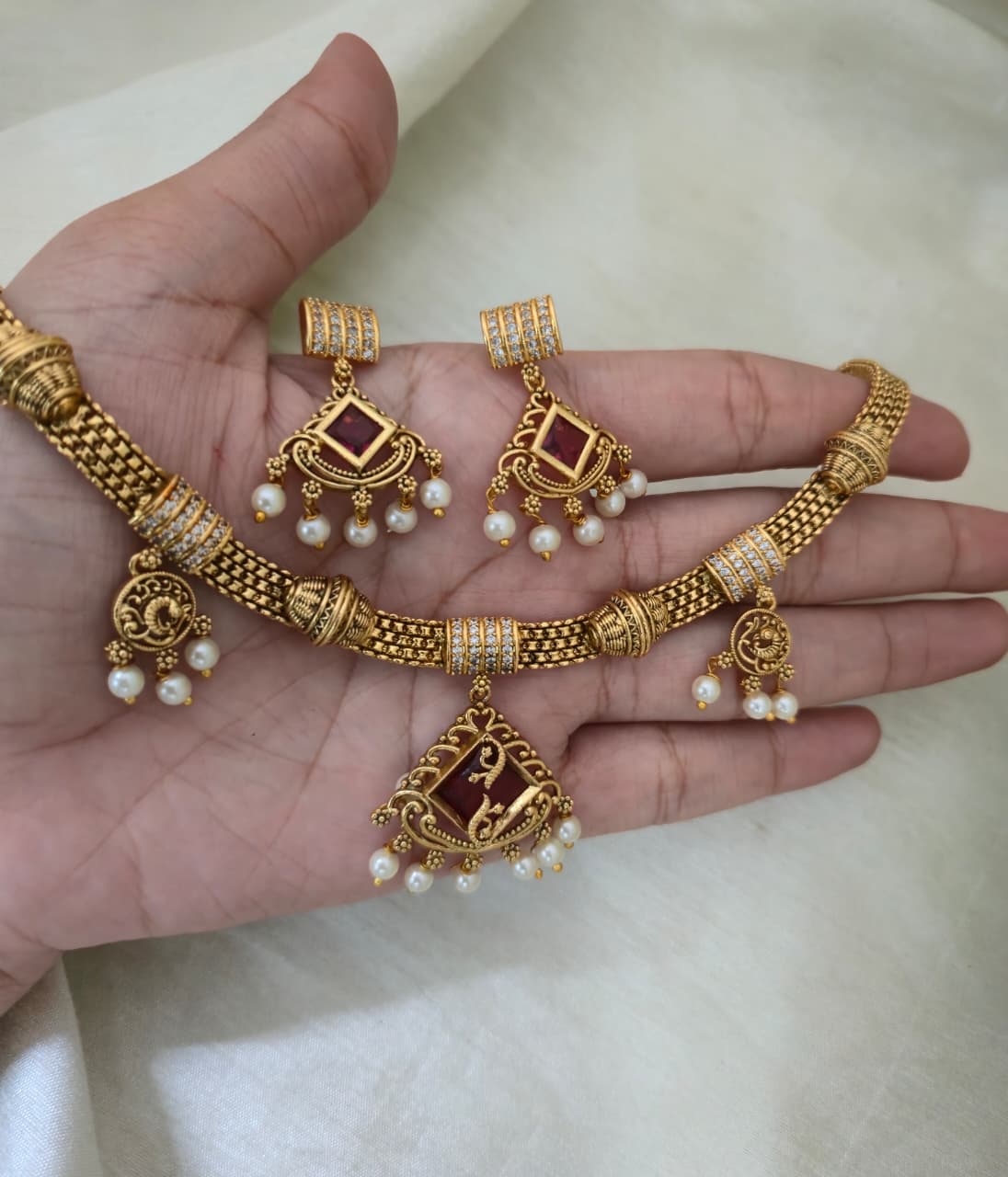 Ruhi Antique CZ Pearl Choker Set - Ruby Red - image 6