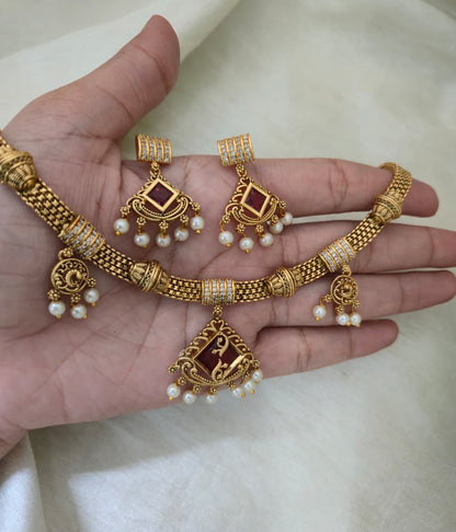 Ruhi Antique CZ Pearl Choker Set - Ruby Red - image 6