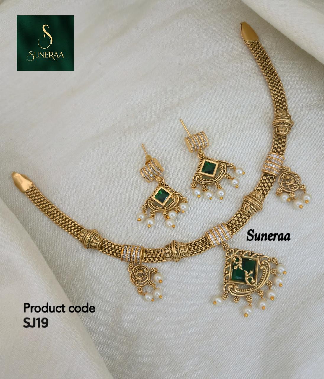 Ruhi Antique CZ Pearl Choker Set - Emerald Green - image 8