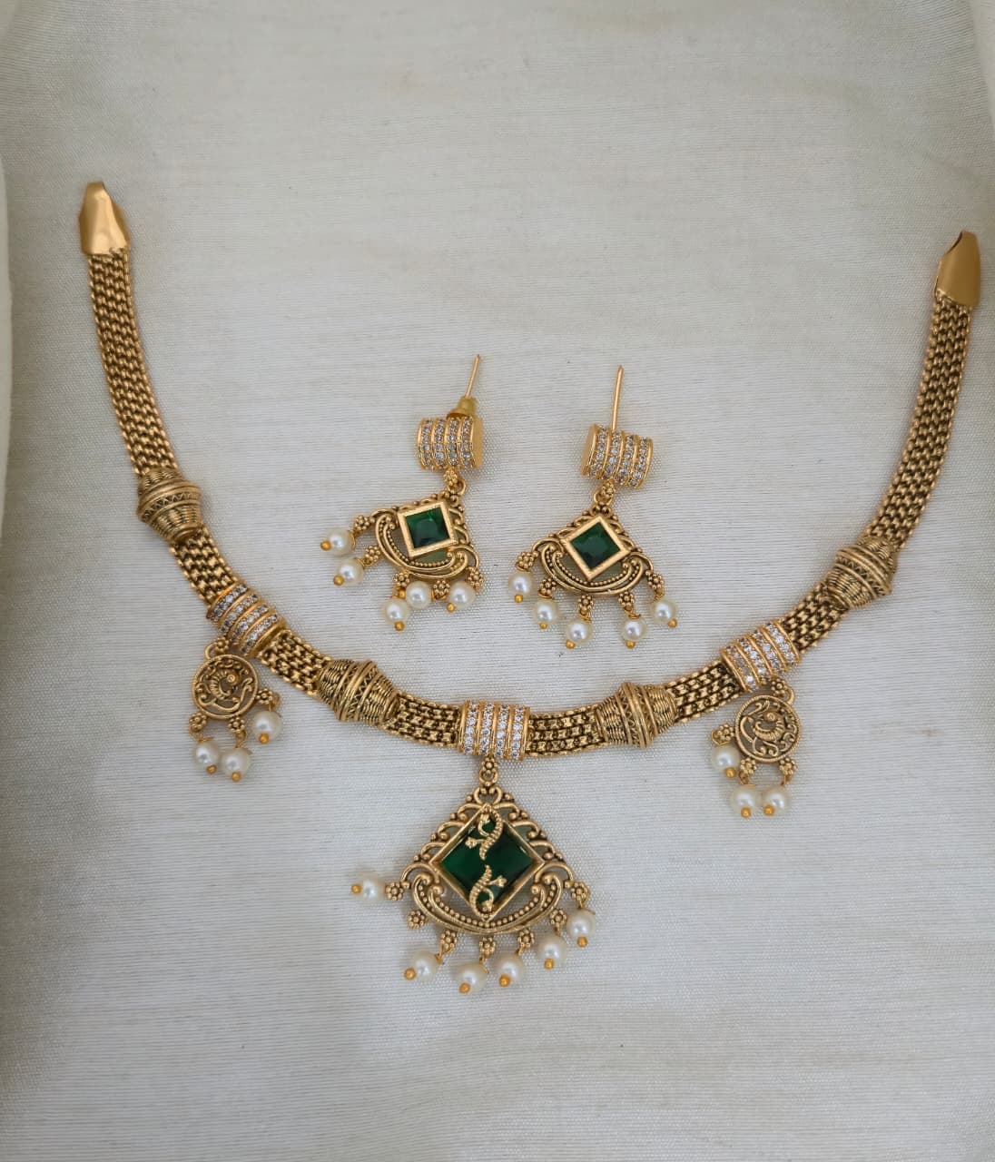 Ruhi Antique CZ Pearl Choker Set - Emerald Green - image 2