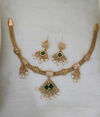 Ruhi Antique CZ Pearl Choker Set - Emerald Green - image 2