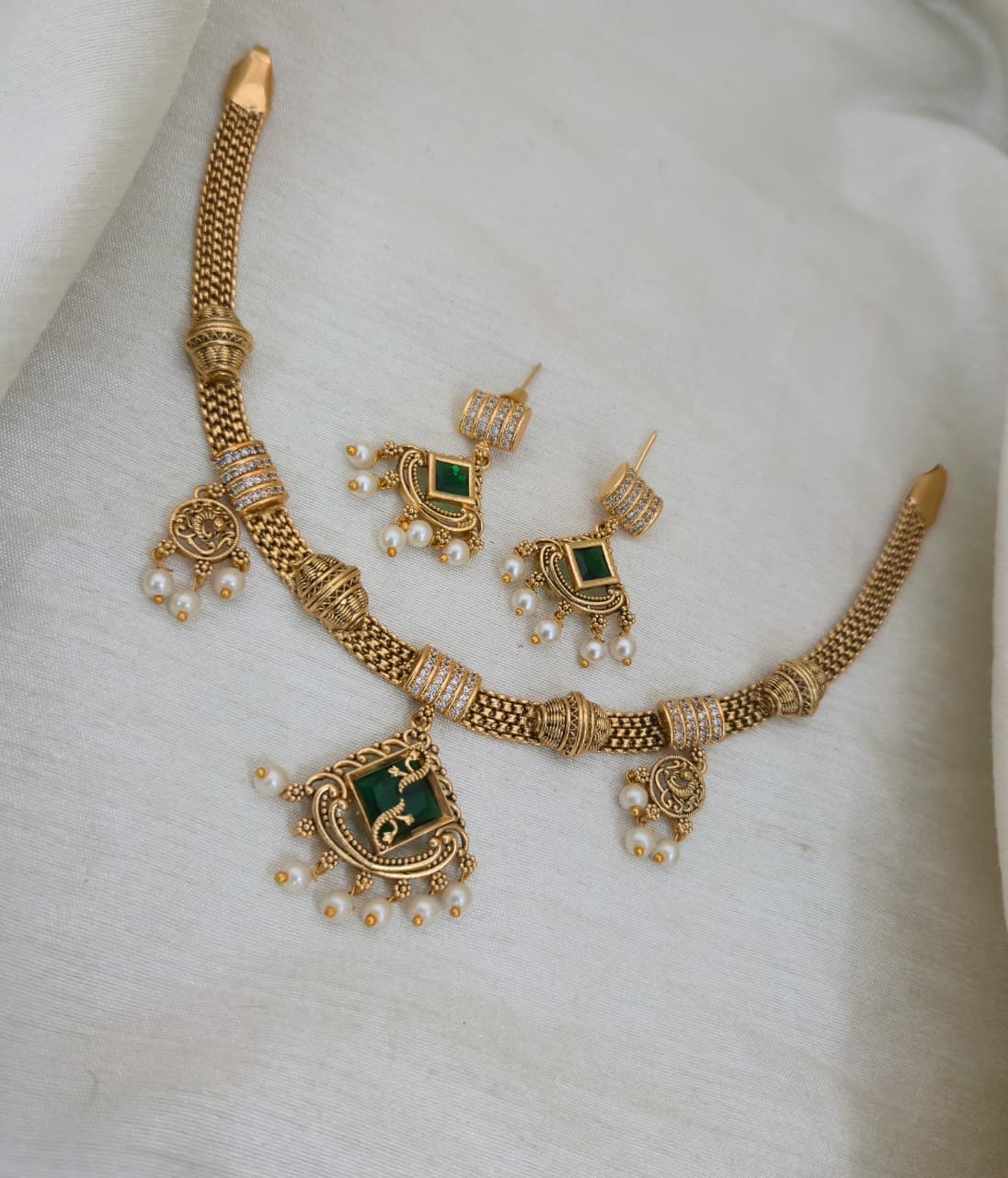 Ruhi Antique CZ Pearl Choker Set - Emerald Green - image 4