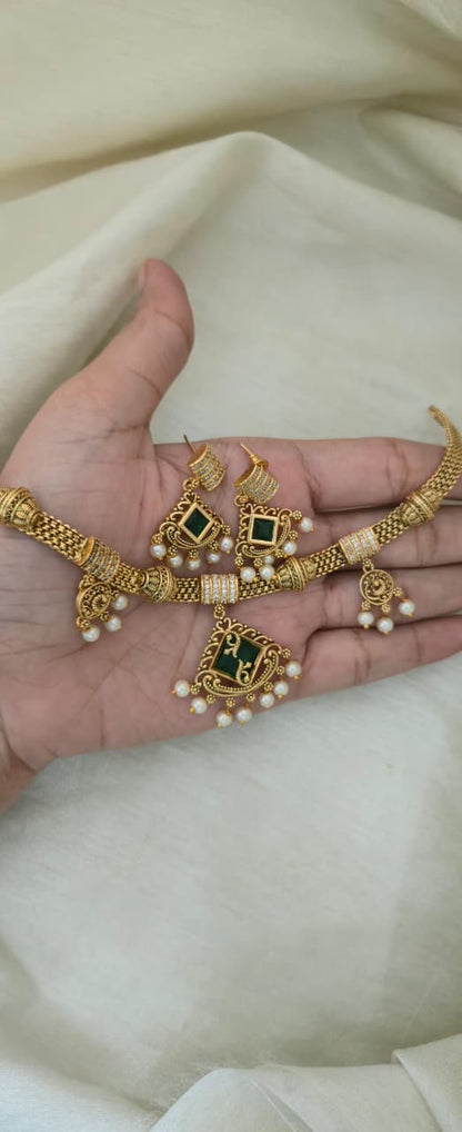 Ruhi Antique CZ Pearl Choker Set - Emerald Green - image 5
