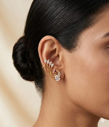Peacock Feather Nakshatra CZ Ear Cuff - Clear/White - image 1