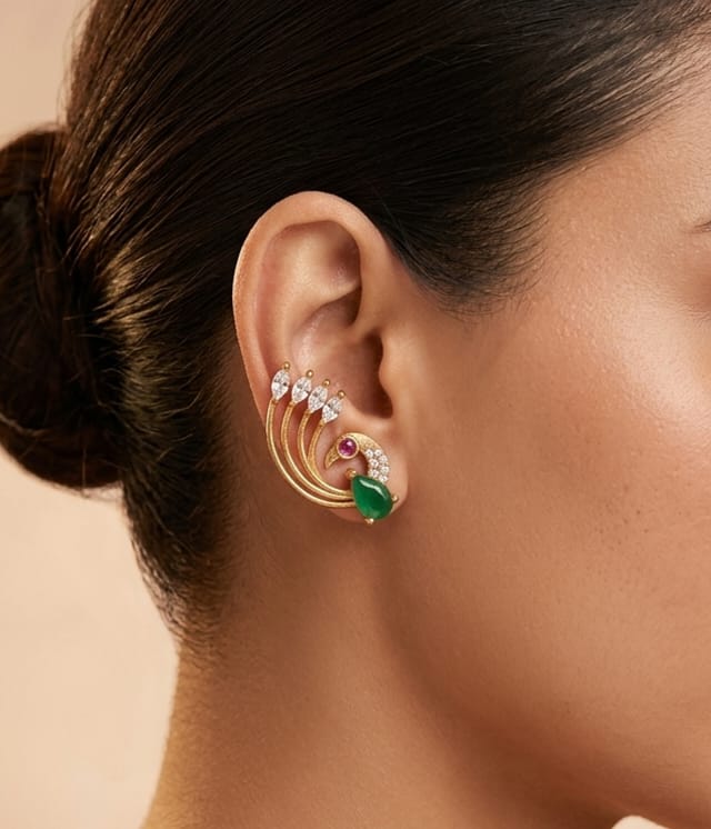 Emerald Nakshatra CZ Statement Ear Cuffs - Emerald Green - image 1