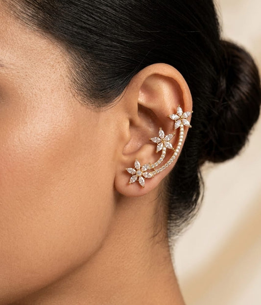 Malati Triple Floral Nakshatra Ear Cuff - Clear/White - image 1