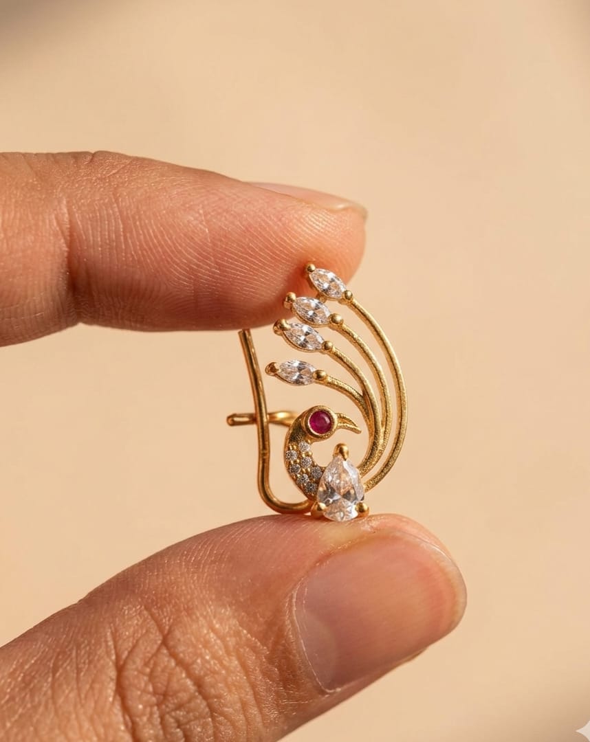 Peacock Feather Nakshatra CZ Ear Cuff - Clear/White - image 2