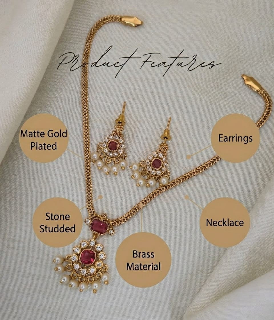 Emerald Nakshatra CZ Short Necklace Set - Ruby Red - image 6