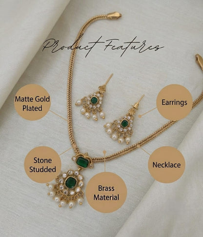 Emerald Nakshatra CZ Short Necklace Set - GREEN - image 6