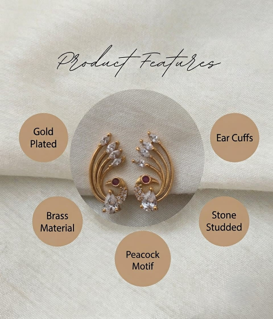 Peacock Feather Nakshatra CZ Ear Cuff - Clear/White - image 8